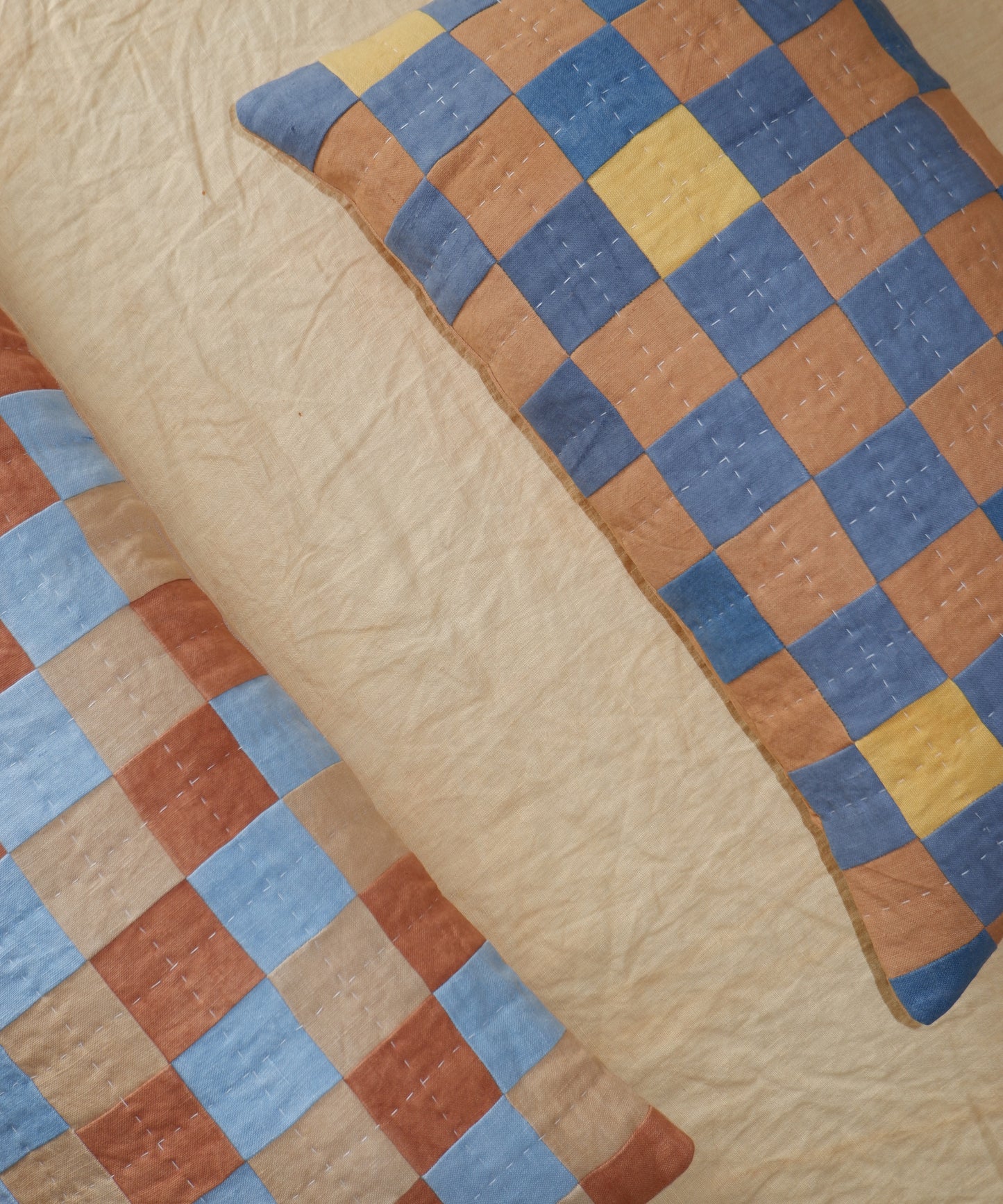 Chequered Cushion in Blue, Brown and Mustard