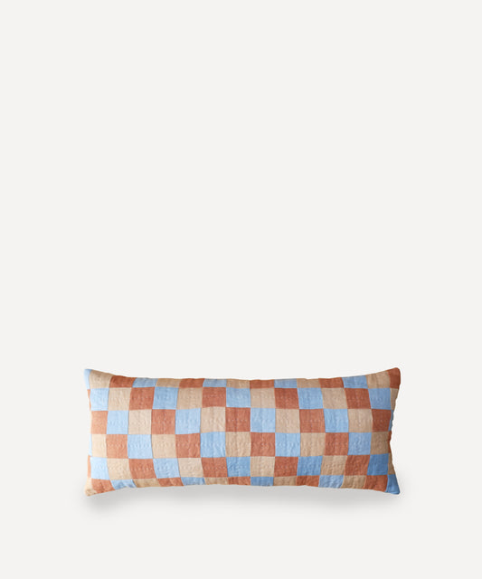 CHEQUERED CUSHION IN BLUE, TERRACOTTA AND CREAM