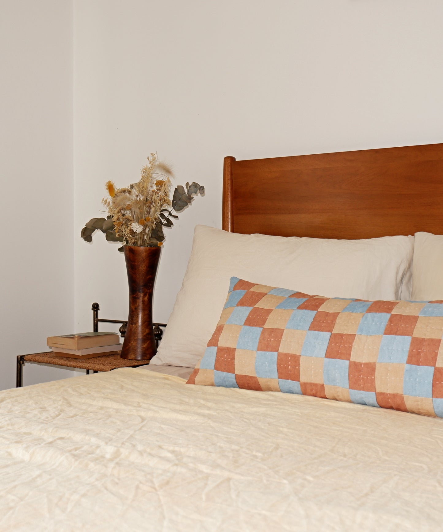 CHEQUERED CUSHION IN BLUE, TERRACOTTA AND CREAM